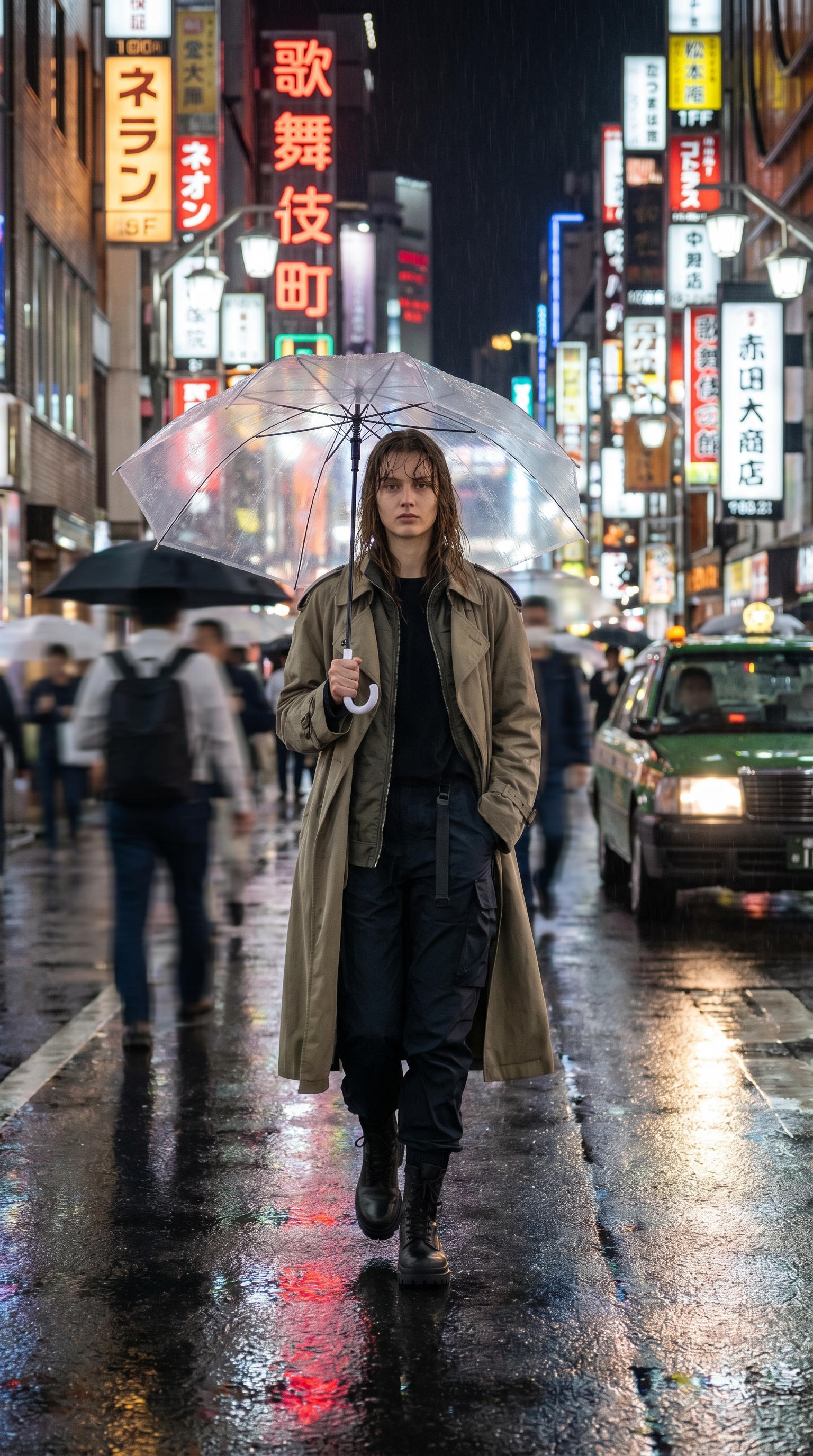A fashion portrait in rain-lit Tokyo
